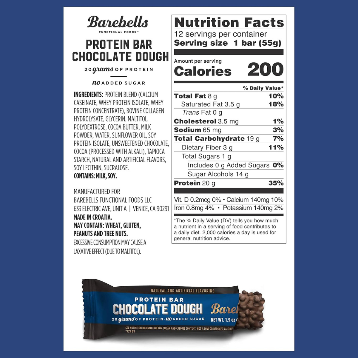 Barebells Protein Bars, Chocolate Dough, Nutrition Facts