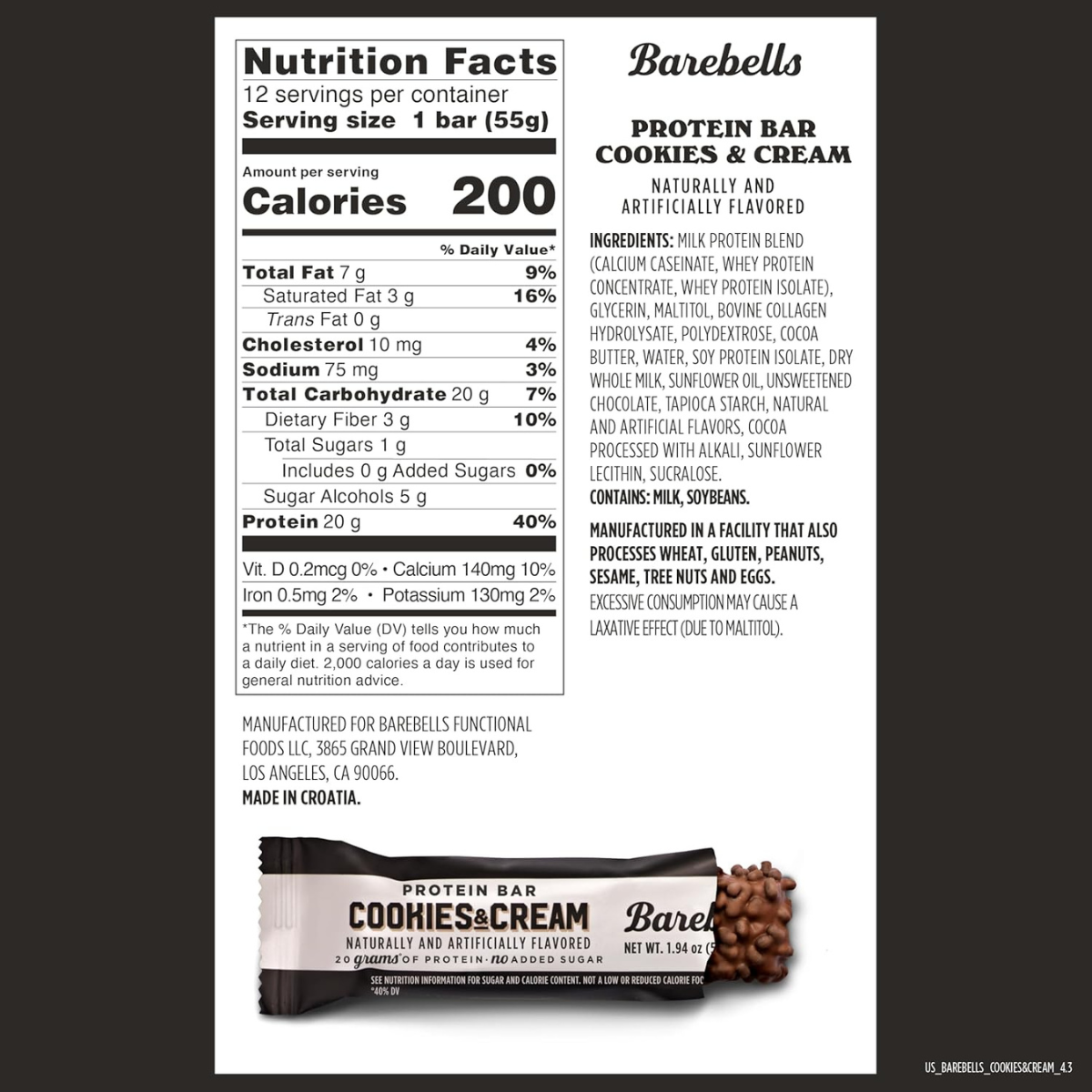 Barebells Protein Bars, Cookies and Cream, Nutrition Facts