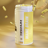 An open container of Magnum Nutraceuticals Mane Brain, with yellow capsules floating around it.