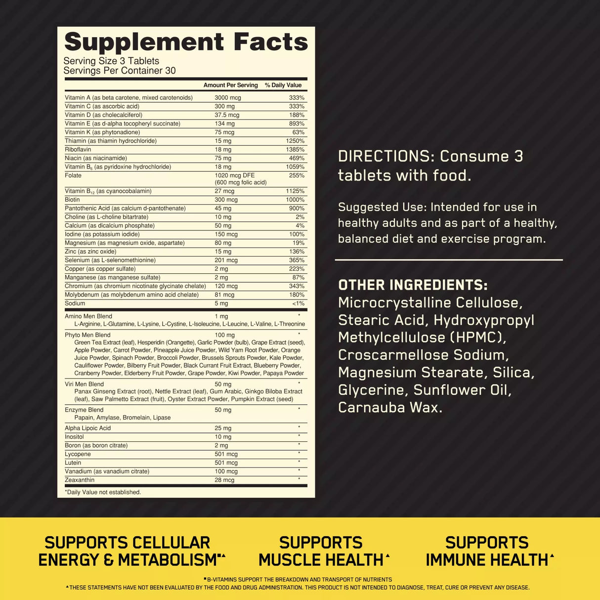 ON Opti-Men Men's Daily Multivitamin, Supplement Facts