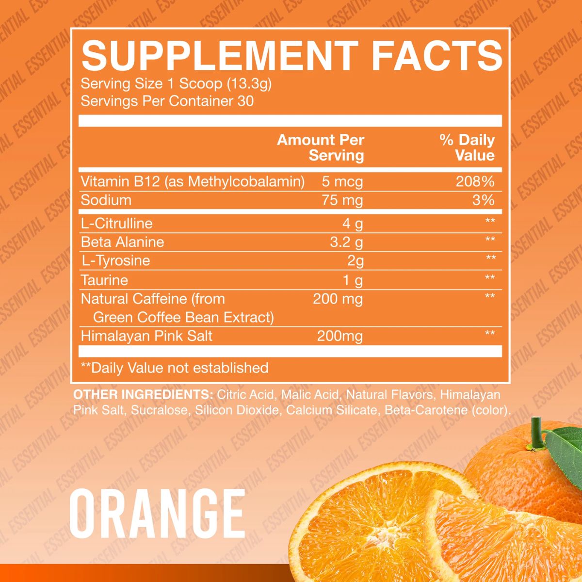 RAW Nutrition CBUM Essential Pre-Workout 30 Servings - Orange 
Supplement Facts