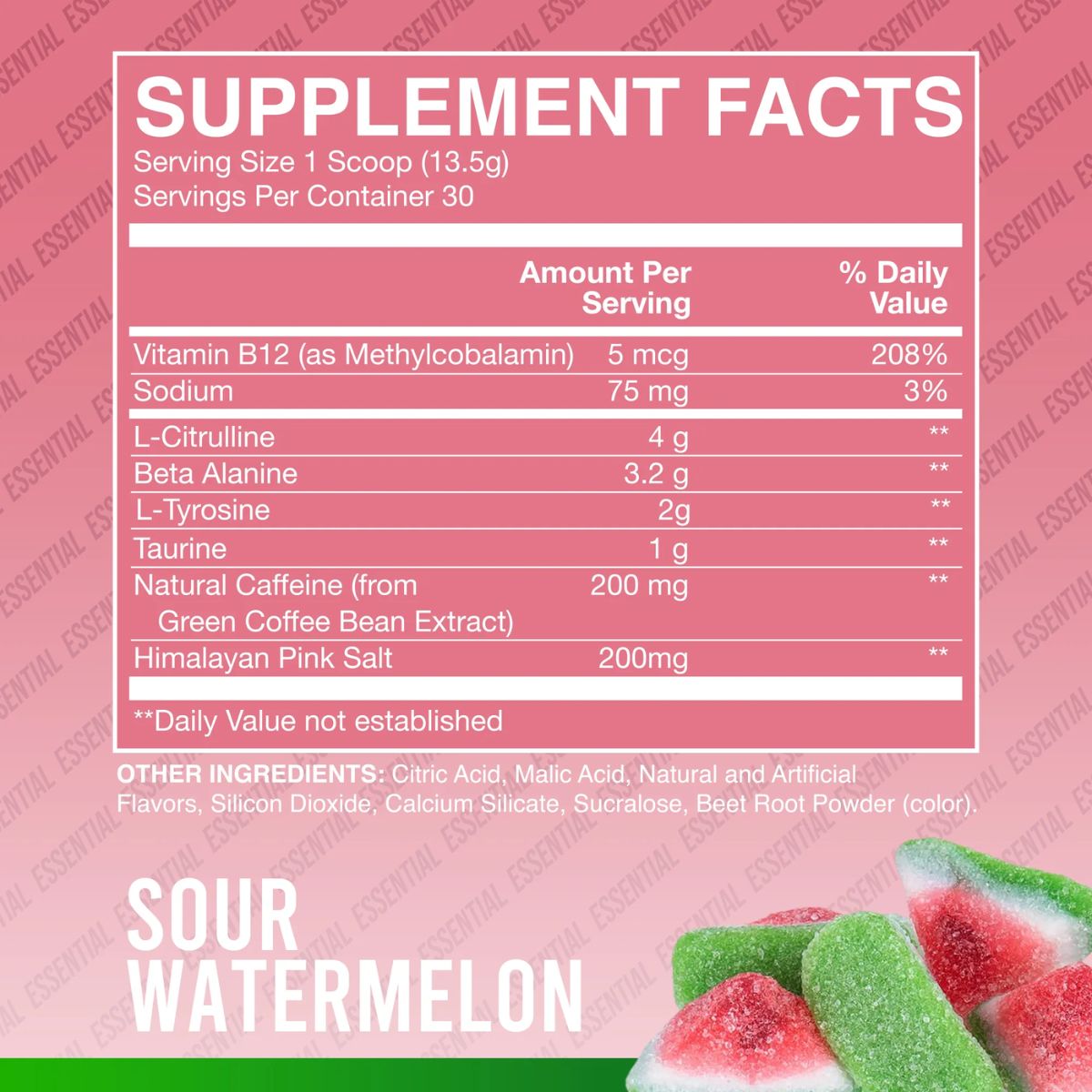 RAW Nutrition CBUM Essential Pre-Workout 30 Servings - Sour Watermelon Supplement Facts