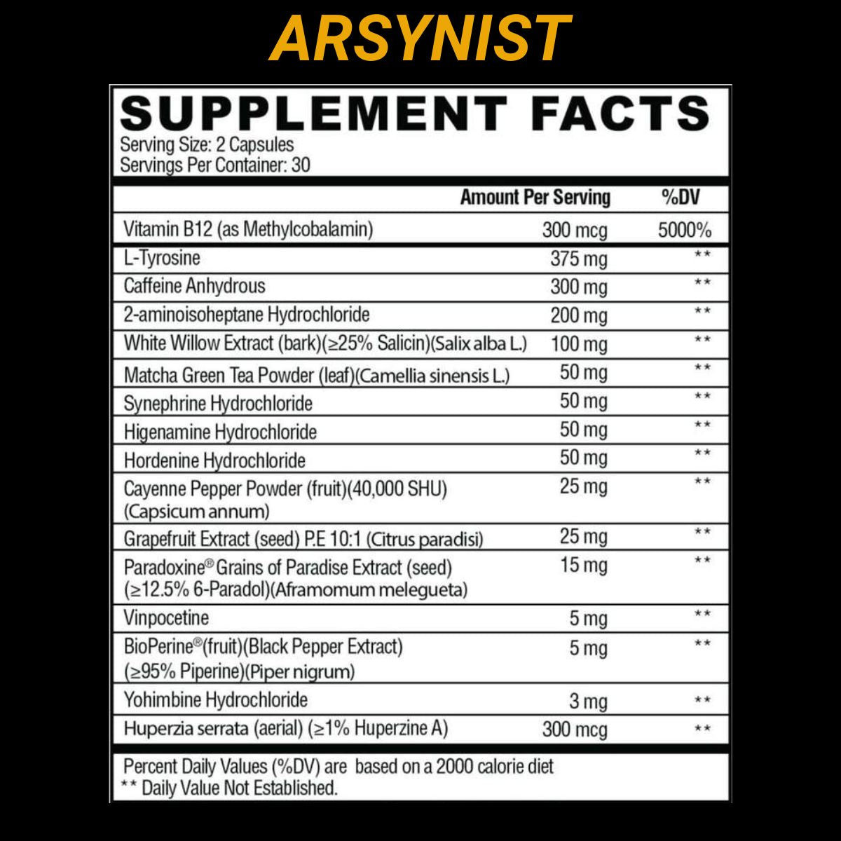 Arsynist table of supplement facts and ingredients