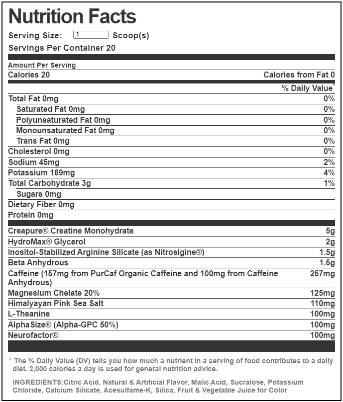 O15 Nutrition Exalt Pre Workout - Nutrition Facts