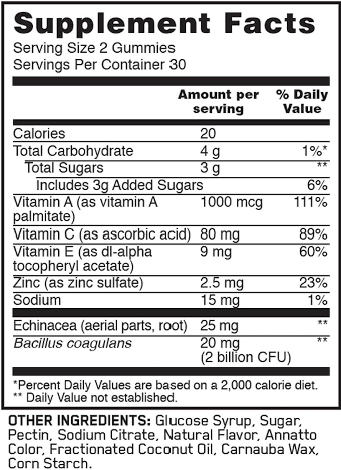 ON Immunity Probiotic Gummies Supplement Facts