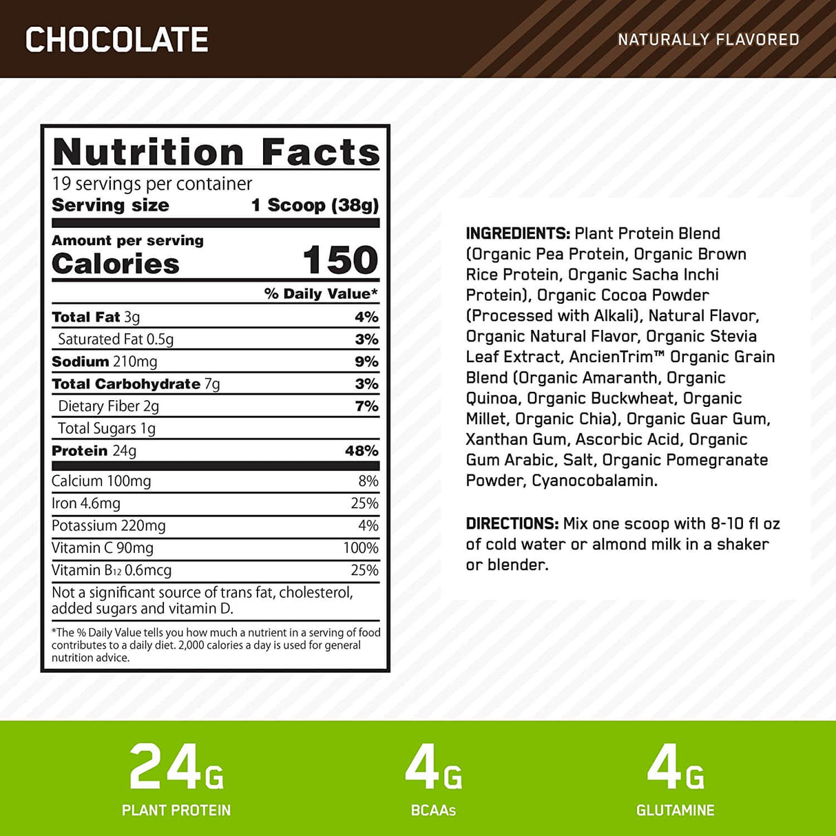 Gold Standard 100% Plant Protein by Optimum Nutrition, Chocolate Supplement Facts