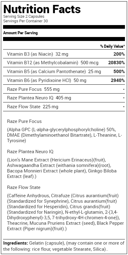 Repp Sports Raze Focus Caffeinated - Supplement Facts