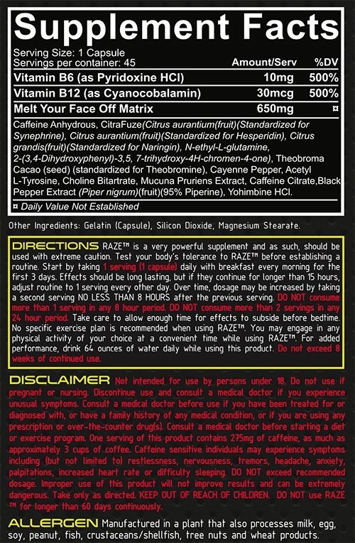 REPP Sports Raze Extreme Thermogenic Fat Burner Supplement Facts Label